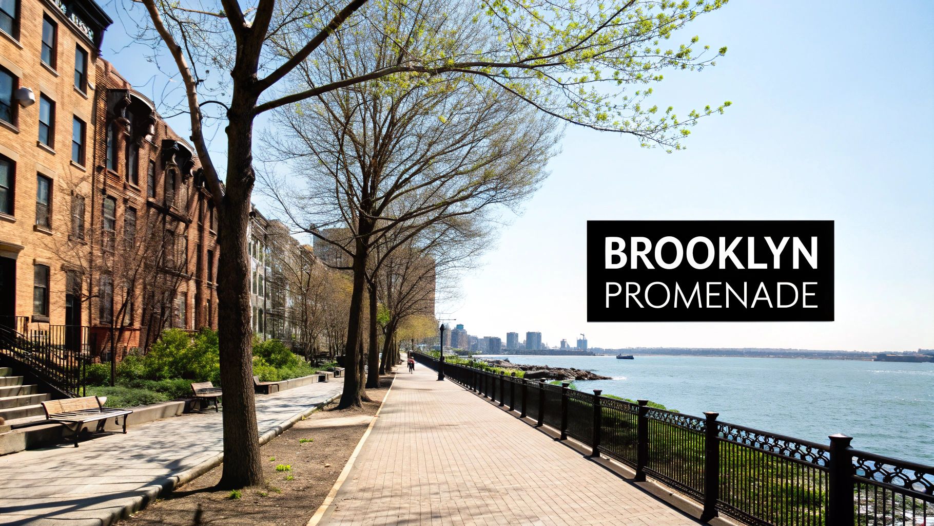 A scenic view of the Brooklyn Promenade, featuring a waterfront walkway, trees, benches, and city buildings.