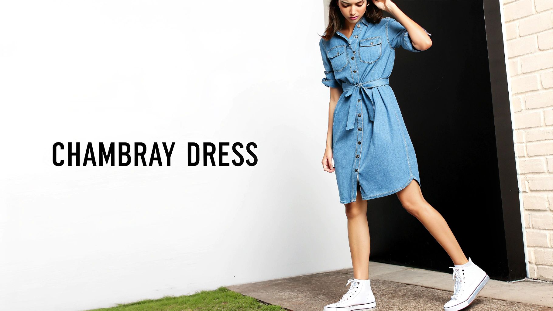 Chambray Shirt Dress & Sneakers