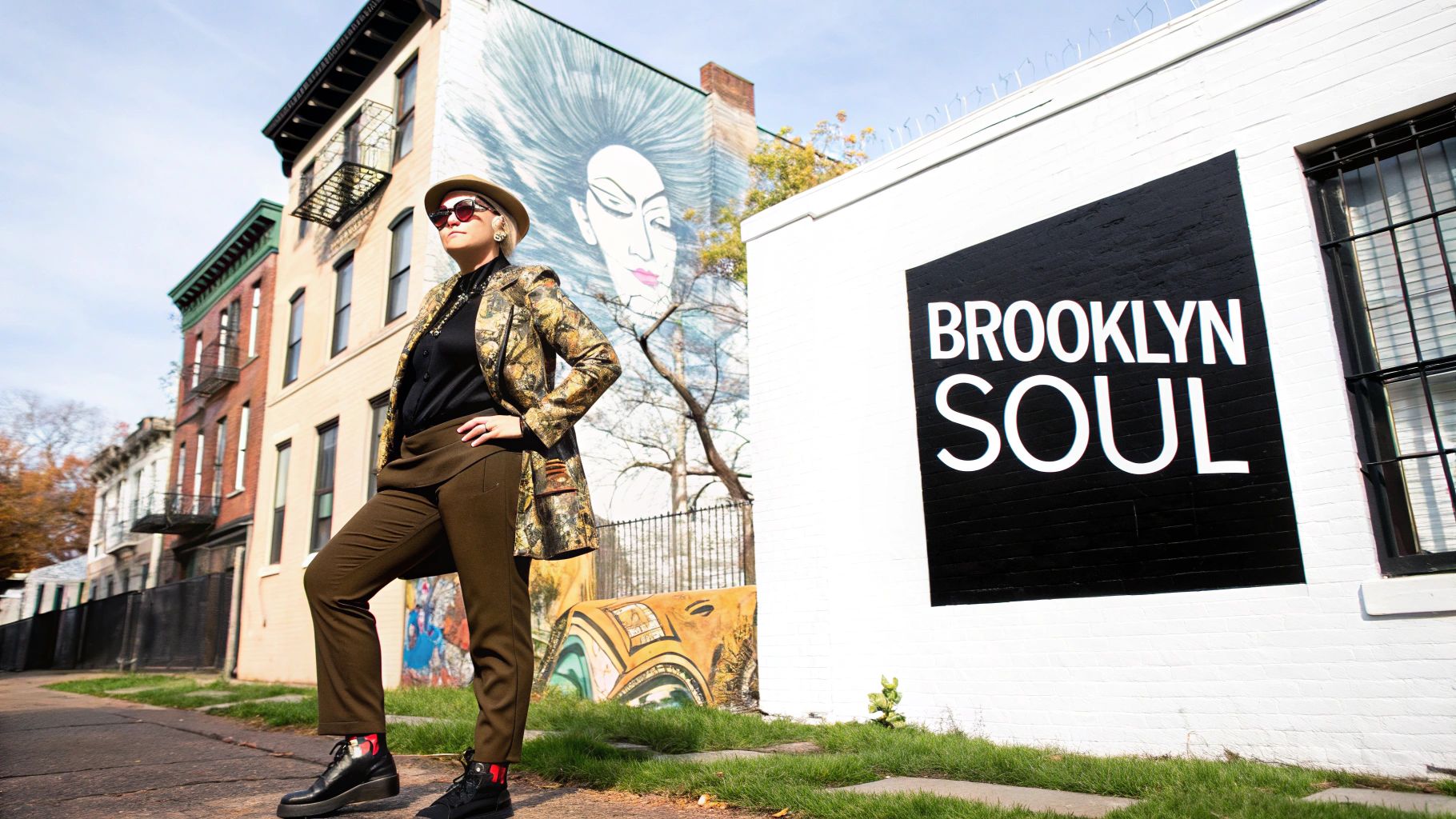 A stylish person in a patterned jacket, hat, and sunglasses poses on a Brooklyn street.
