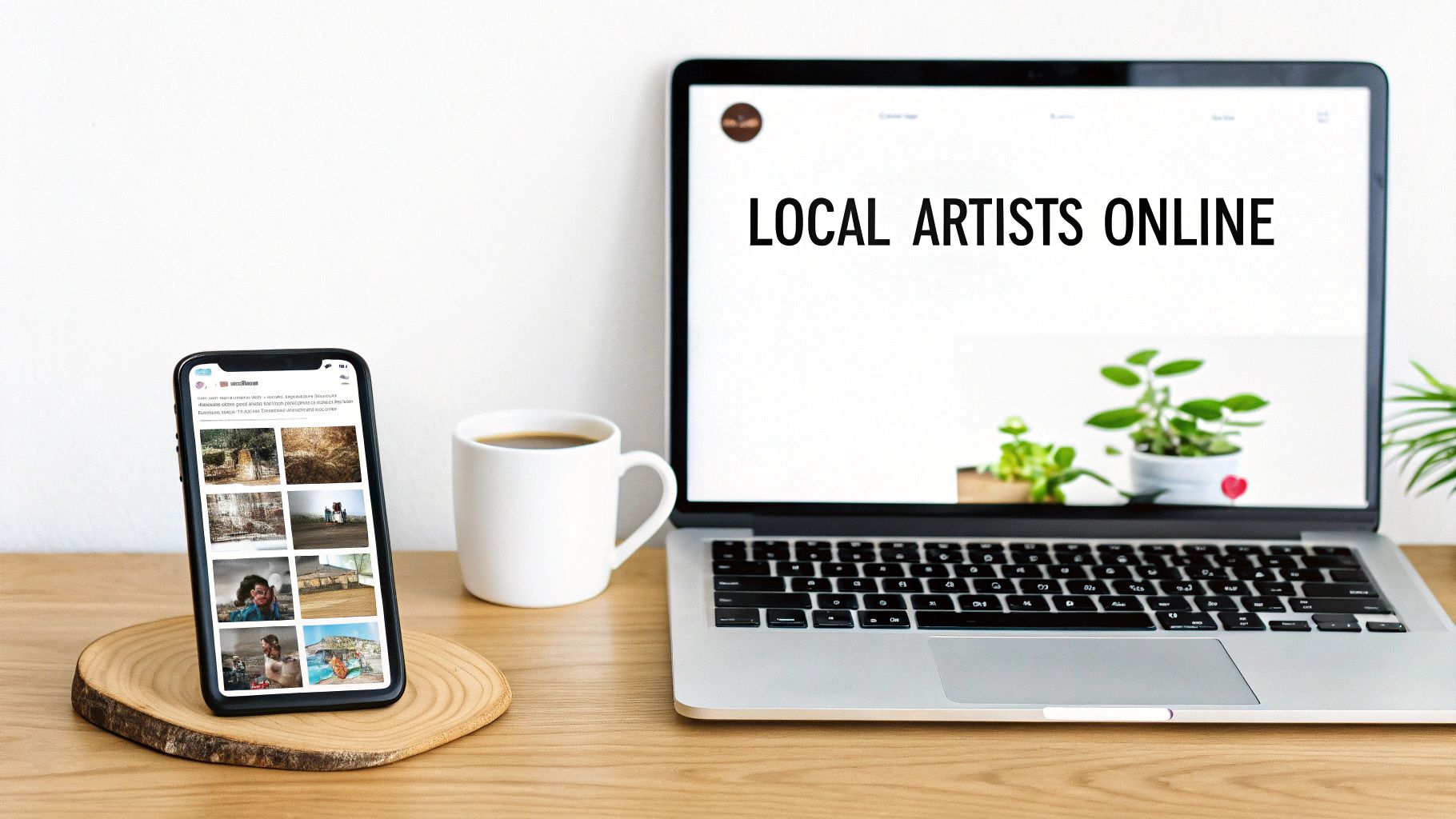 Laptop displaying 'LOCAL ARTISTS ONLINE' website next to a smartphone showing a gallery of artworks.