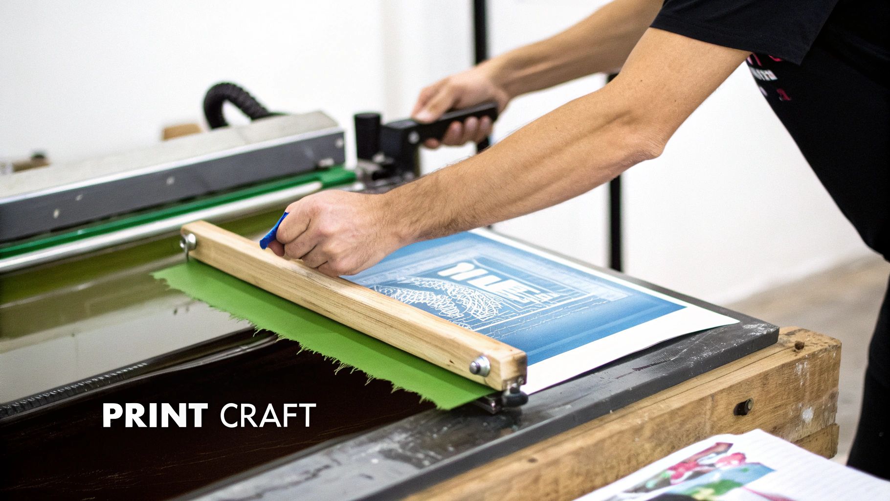 A close-up of a screen printing squeegee applying ink to a t-shirt