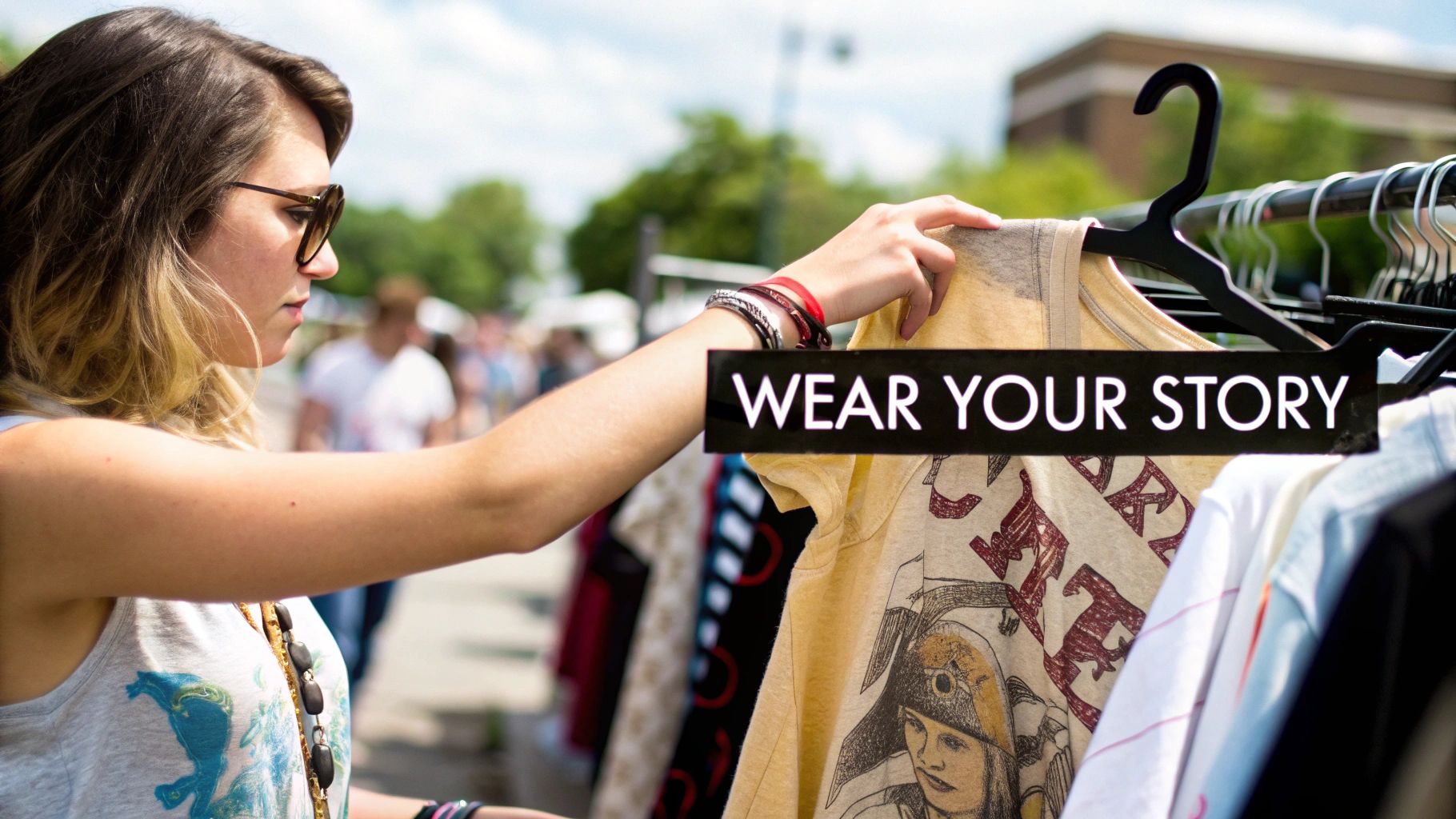A woman wearing a vintage-style graphic t-shirt in a creative setting, reflecting the style's connection to art and culture.