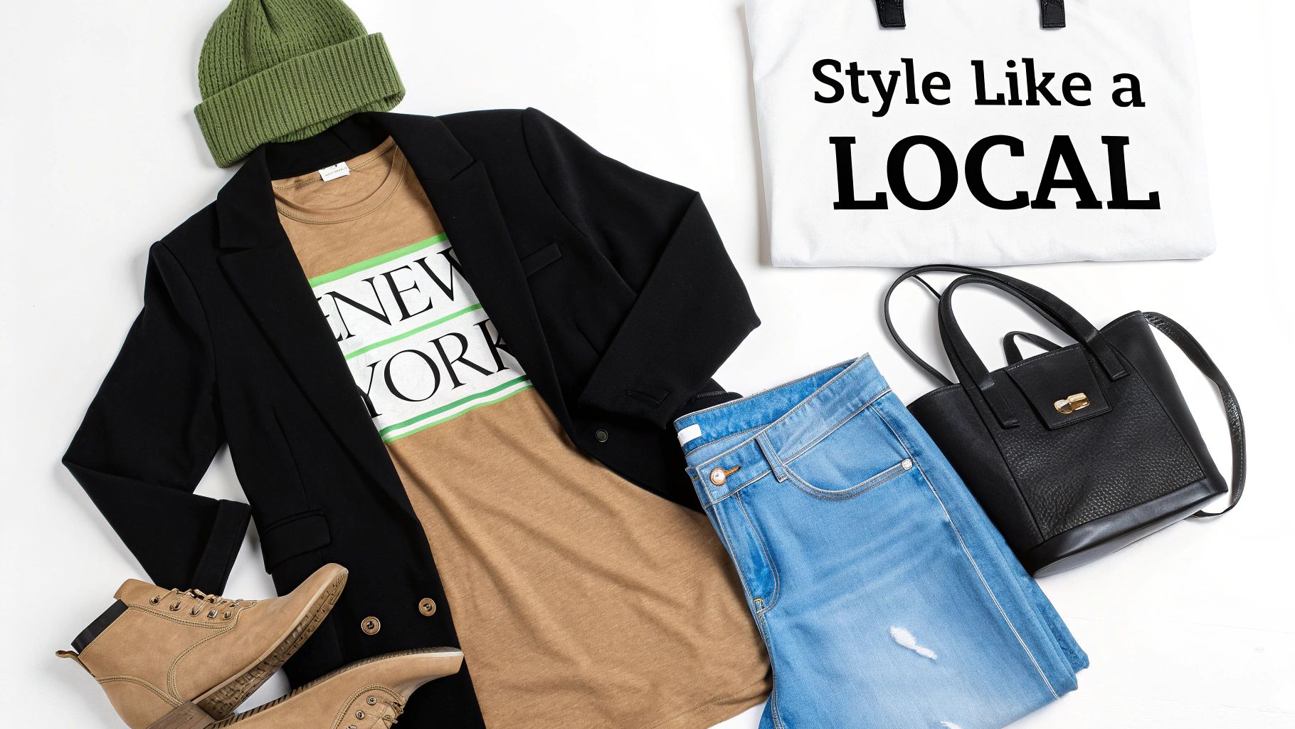 A flat lay of a casual travel outfit featuring a New York graphic tee, black blazer, jeans, and accessories.