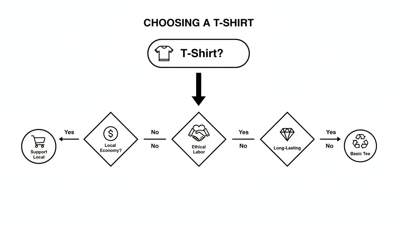 A flowchart guiding t-shirt choices based on local economy, ethical labor, and product longevity.