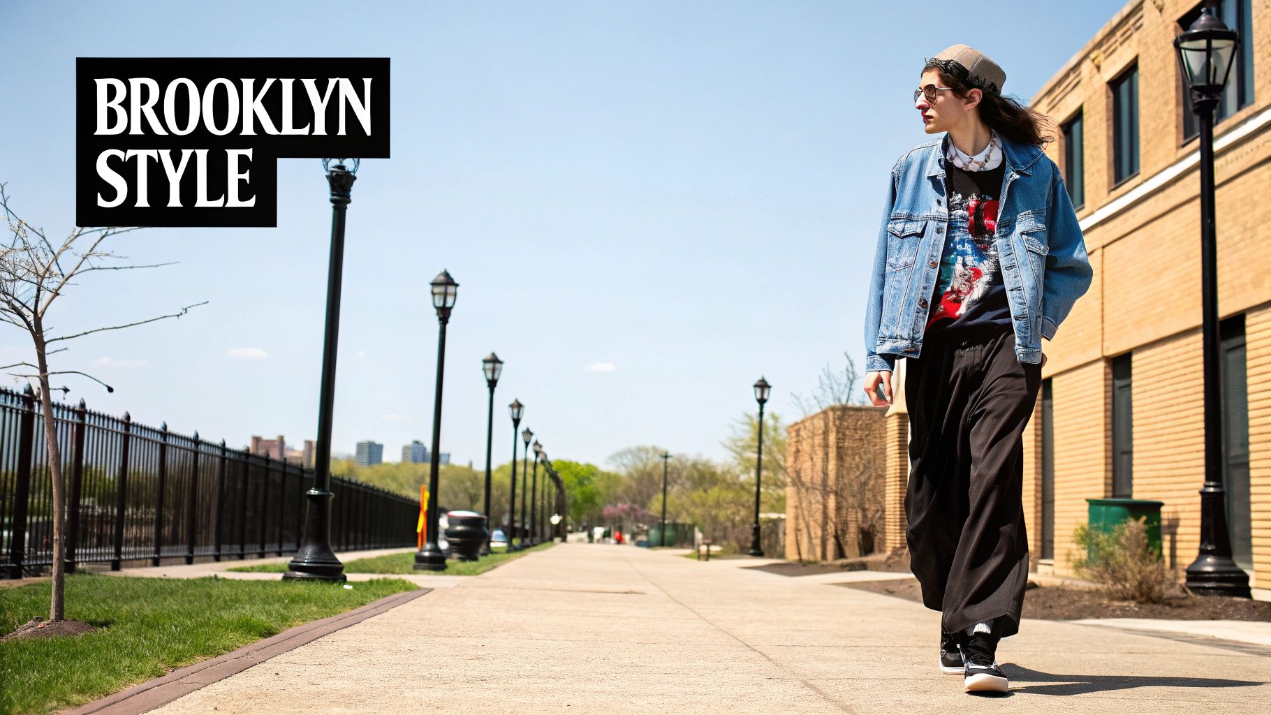 A person wearing a denim jacket, graphic t-shirt, and black pants walks outdoors, embodying Brooklyn style.