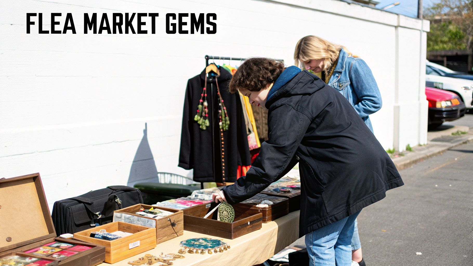 Rows of vintage clothing and accessories displayed at an outdoor flea market