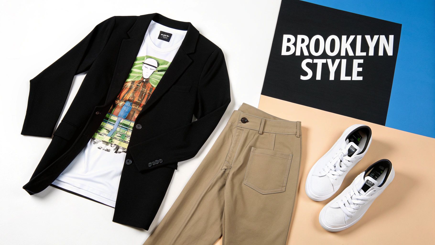 A men's fashion flat lay featuring a black blazer, graphic tee, khaki pants, and white sneakers.