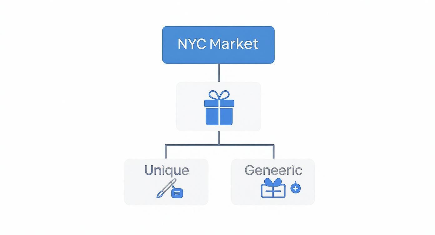 A diagram illustrates the NYC Market, showing gifts categorized into unique and generic options.