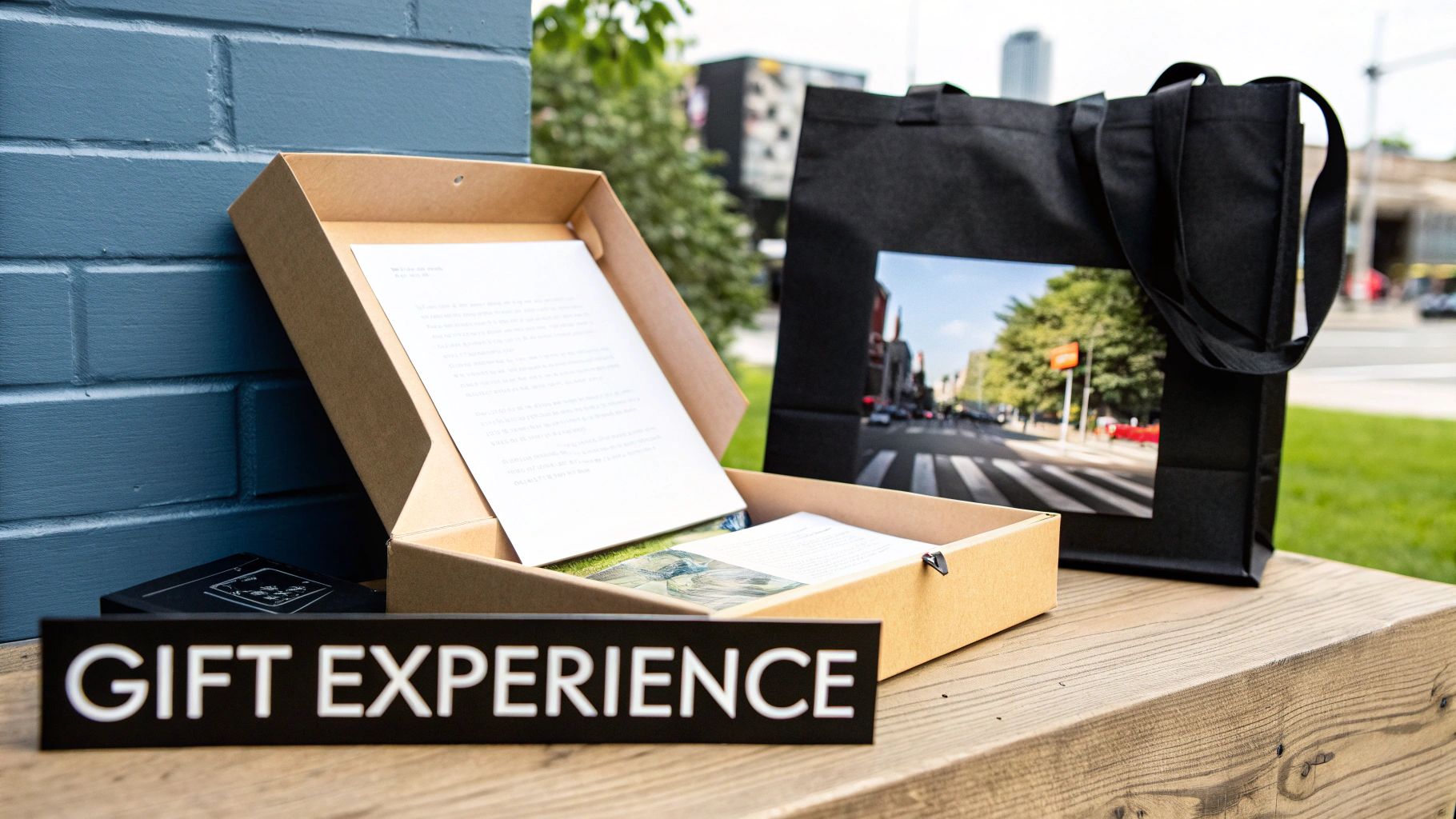 An open brown gift box with a letter and other items sits next to a black tote bag on a bench.
