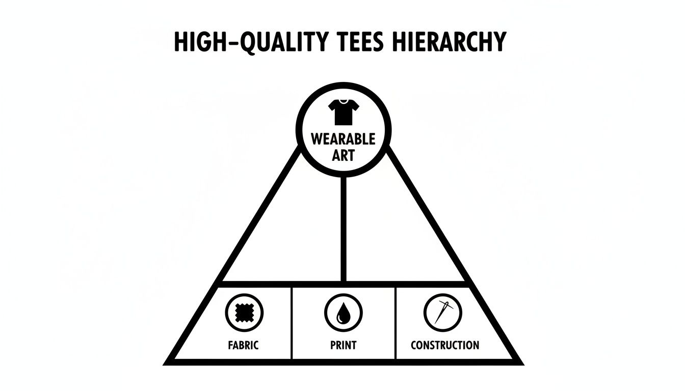 A hierarchy pyramid illustrates high-quality tees, with wearable art at the top, supported by fabric, print, and construction.