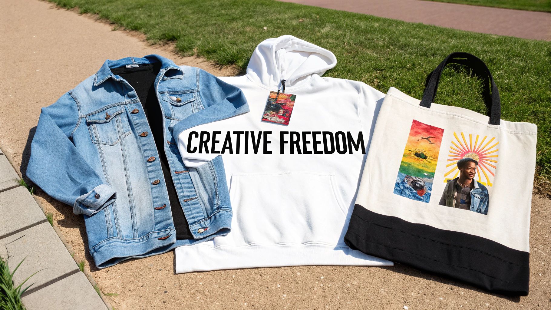 A light blue denim jacket, a white hoodie, and a printed tote bag laid on a path with grass.