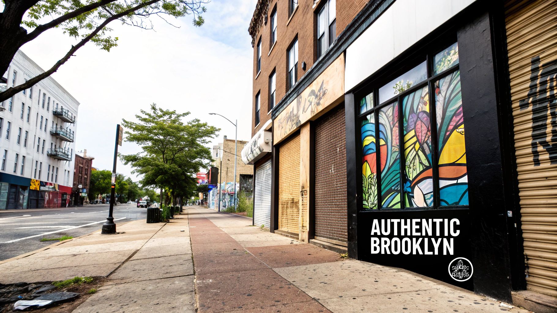 A street view in Brooklyn with storefronts, one featuring colorful window art and 'Authentic Brooklyn' text.