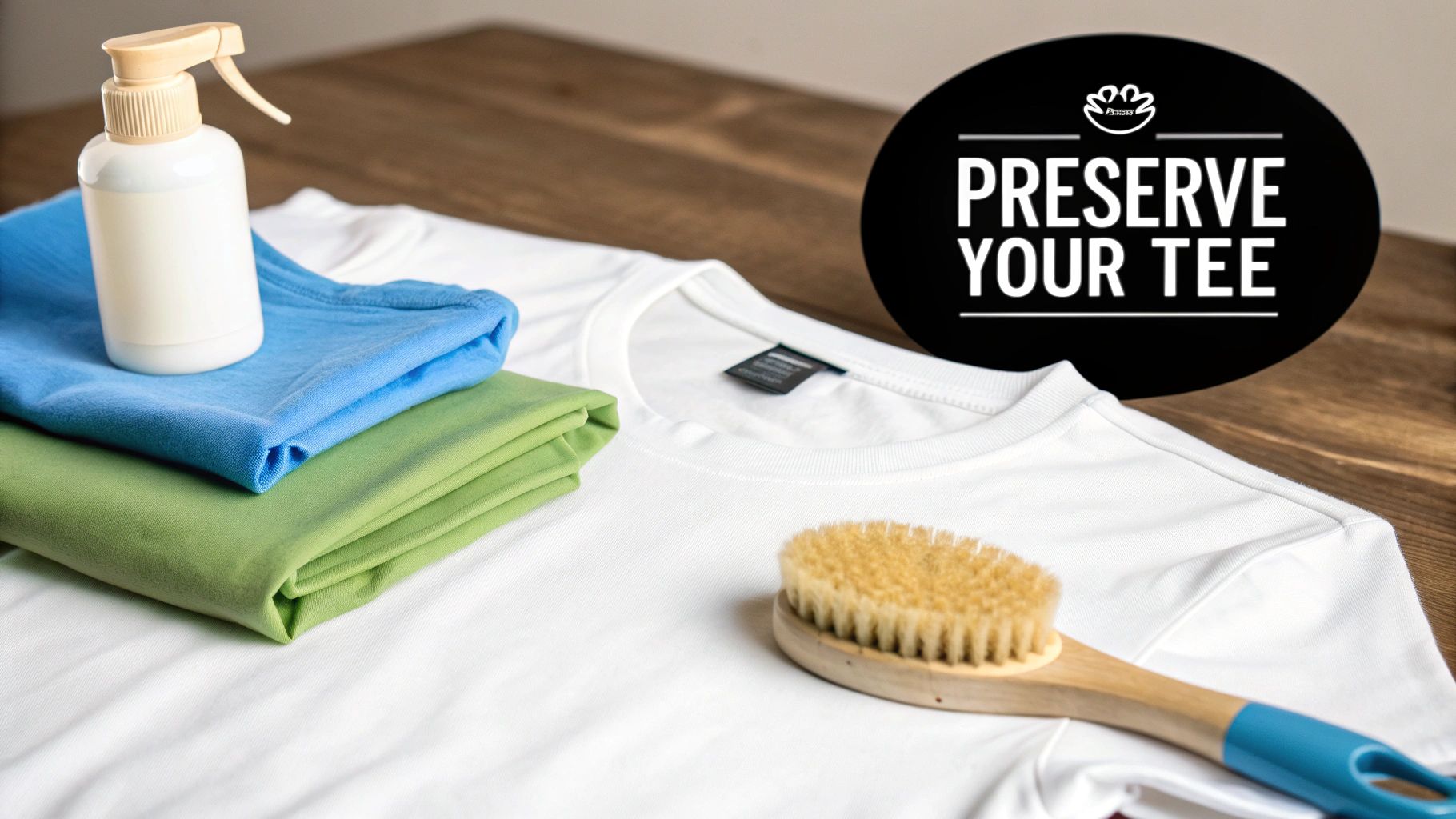 A white spray bottle, folded blue and green shirts, and a wooden brush on a white t-shirt with 'Preserve Your Tee' text.