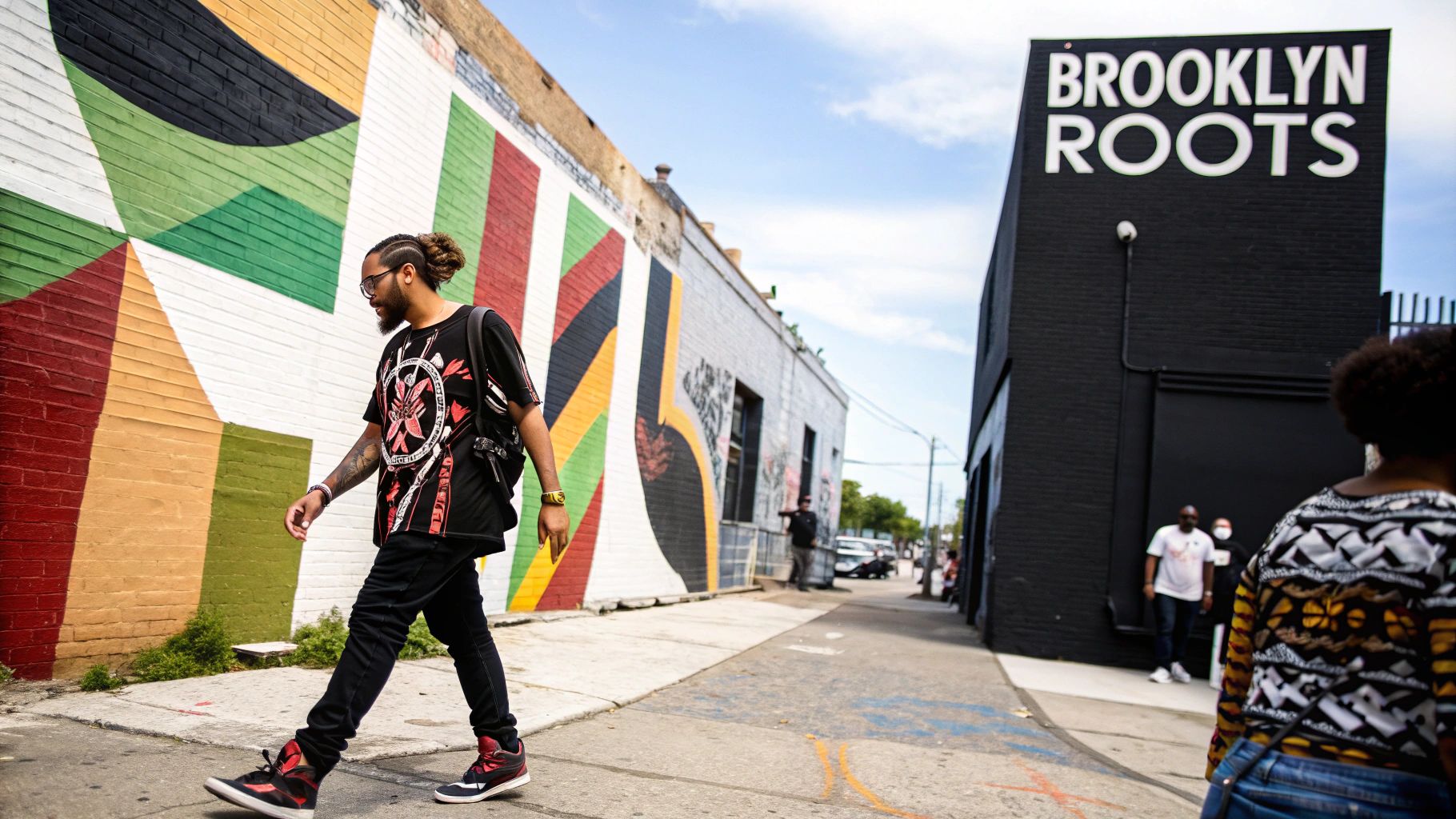 Person in a graphic t-shirt walks past a vibrant mural and a 'BROOKLYN ROOTS' building.