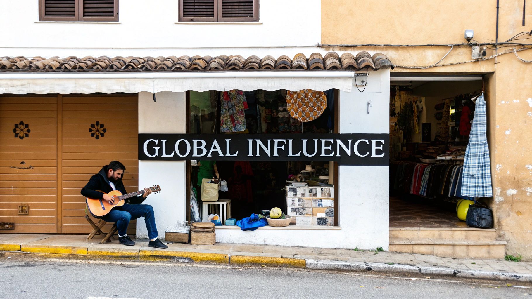 A stylish person wearing a graphic tee stands in a trendy, industrial-chic cafe in Brooklyn.