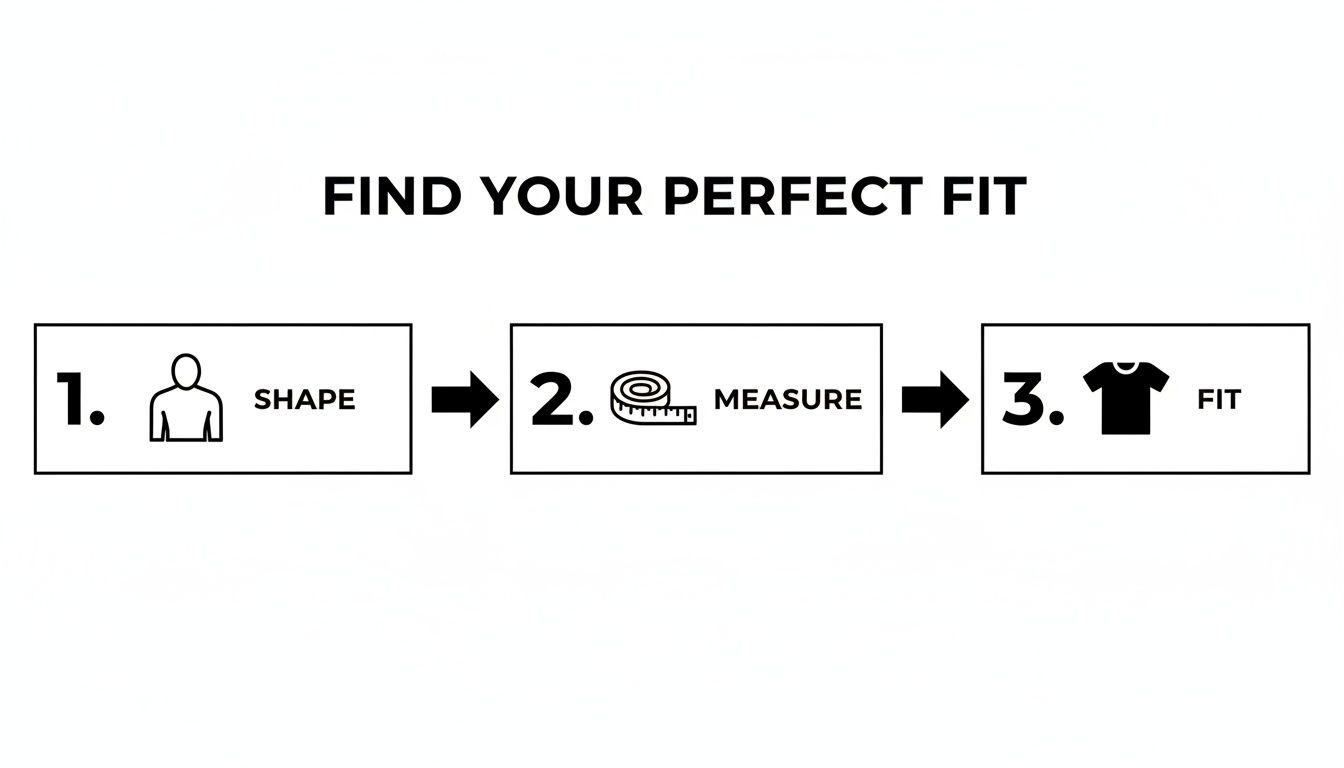 A simple three-step guide to finding your perfect clothing fit: determine shape, measure, then fit.