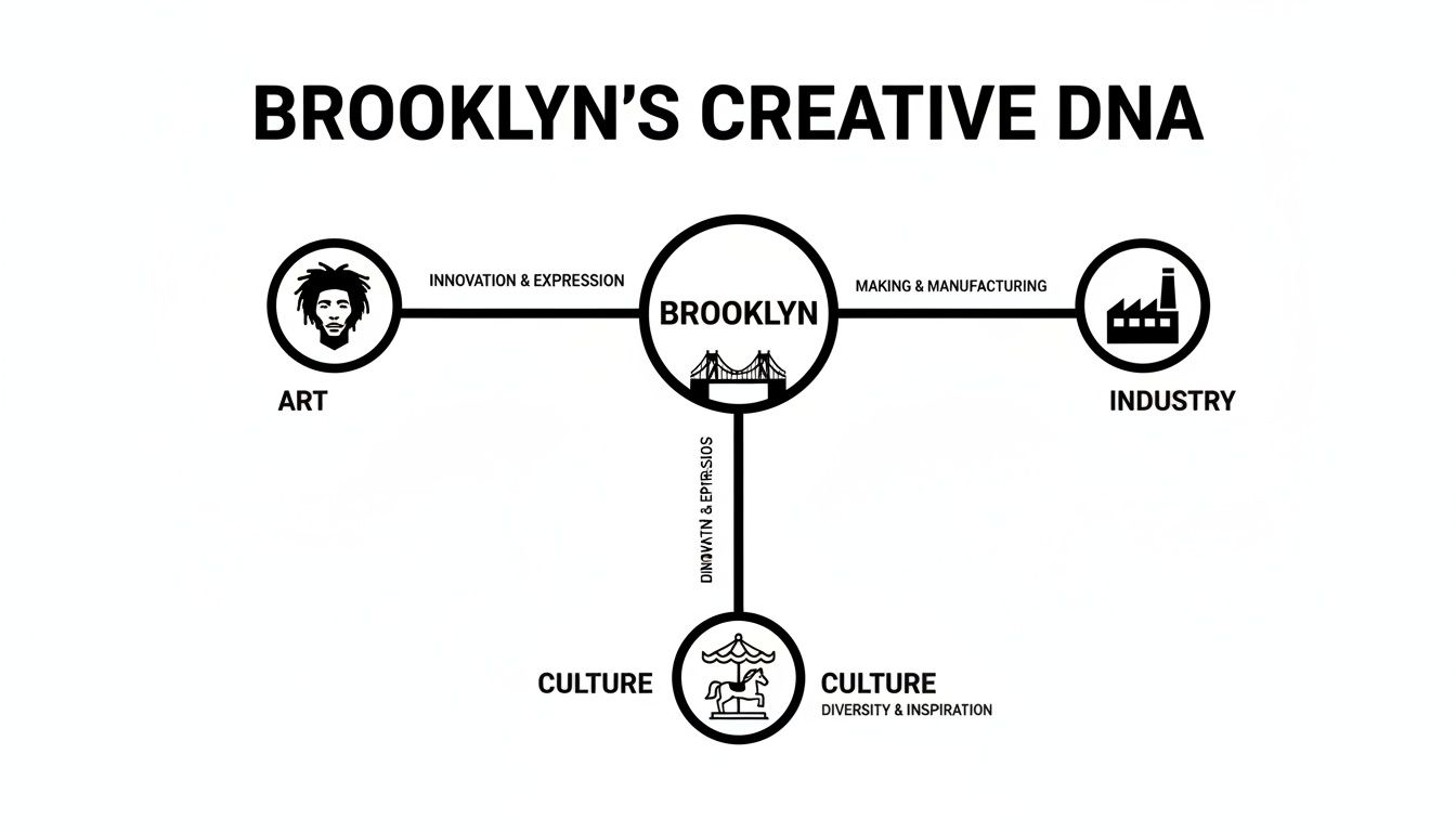 A diagram titled "Brooklyn's Creative DNA" showing connections between art, industry, and culture through innovation.