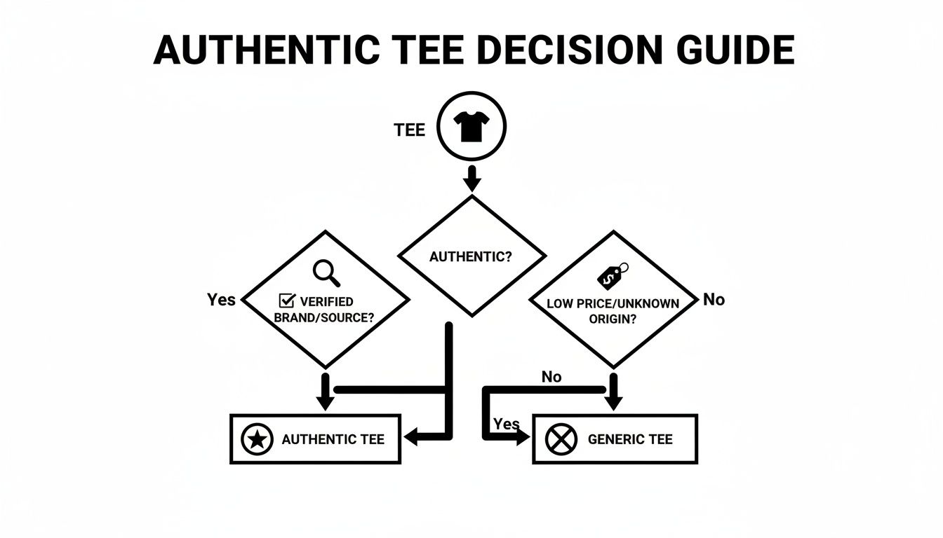 A flowchart titled 'Authentic Tee Decision Guide' illustrating steps to determine a tee's authenticity.