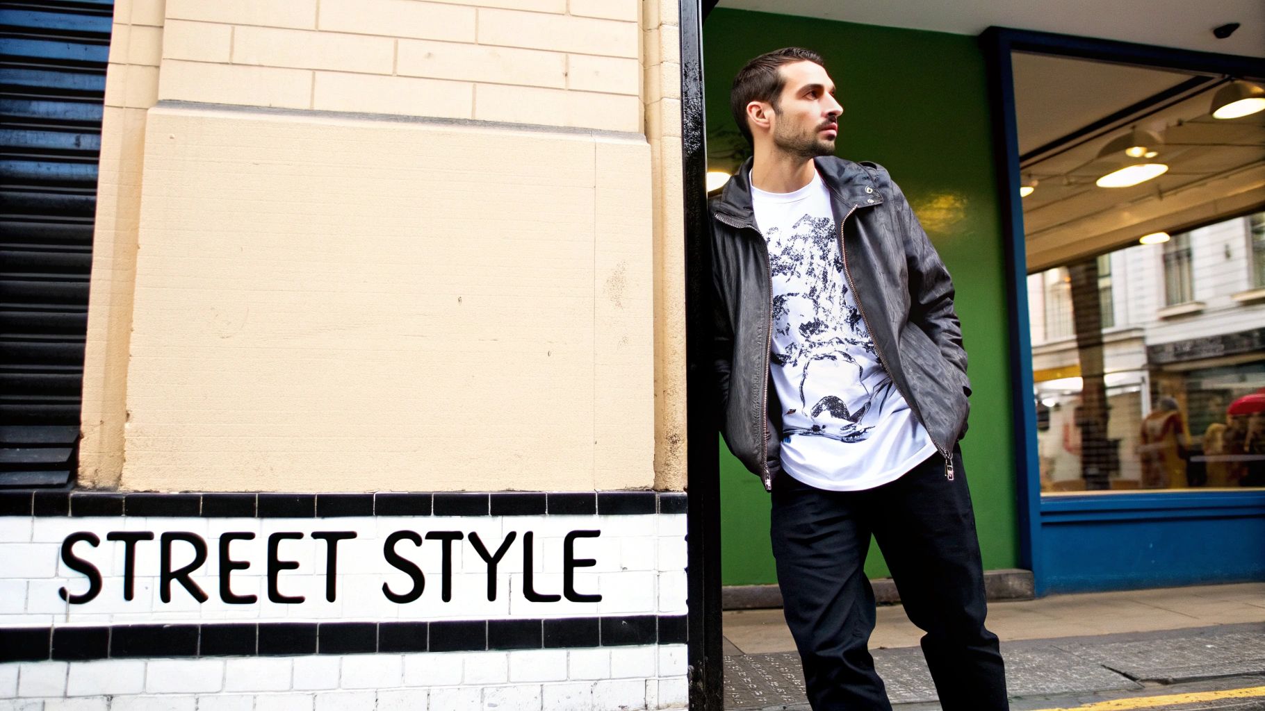 A man in a black leather jacket and white graphic tee next to a wall with 'STREET STYLE'.