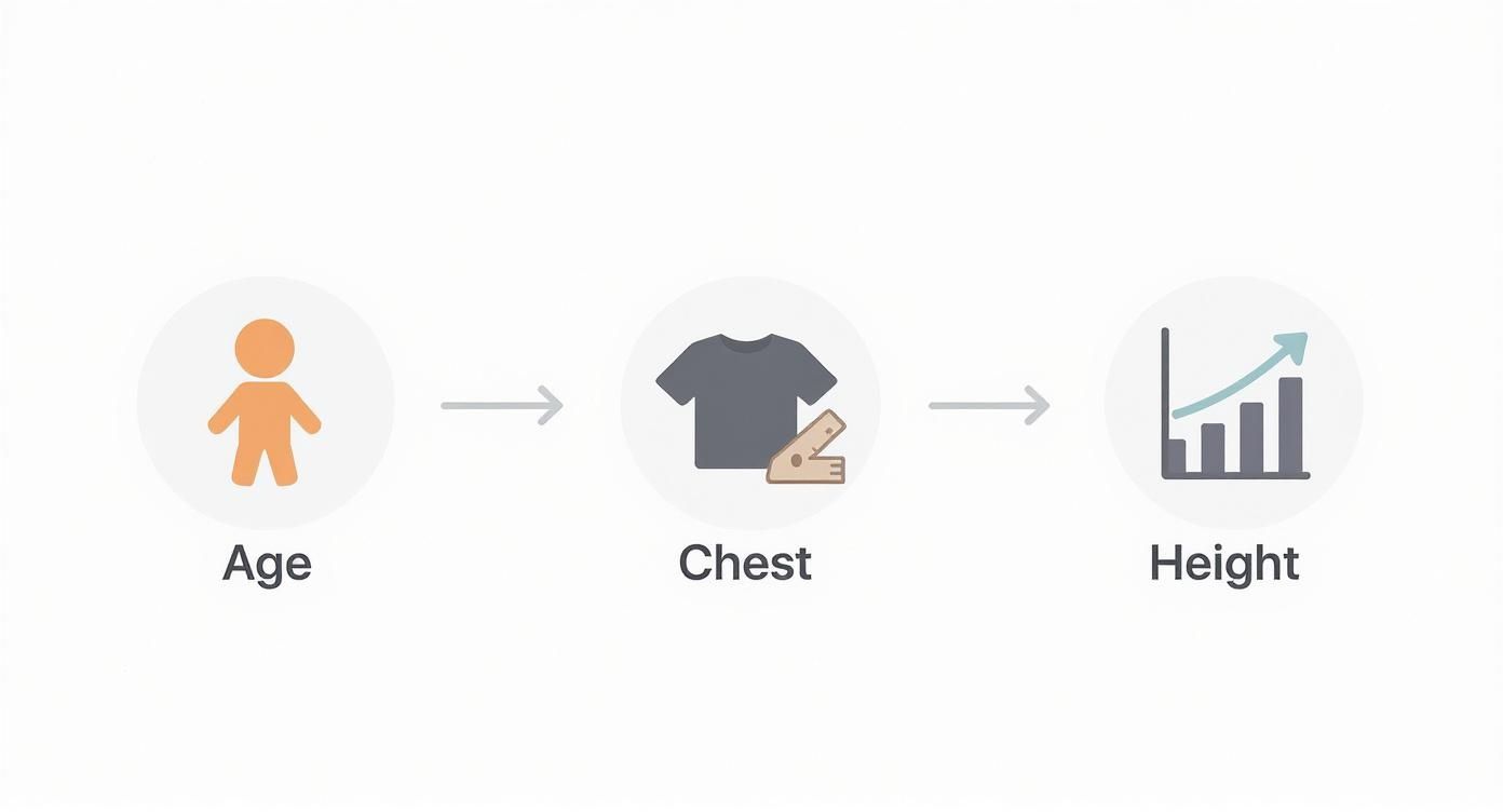 Visual diagram showing age, chest measurement, and height relationship for determining youth shirt sizes