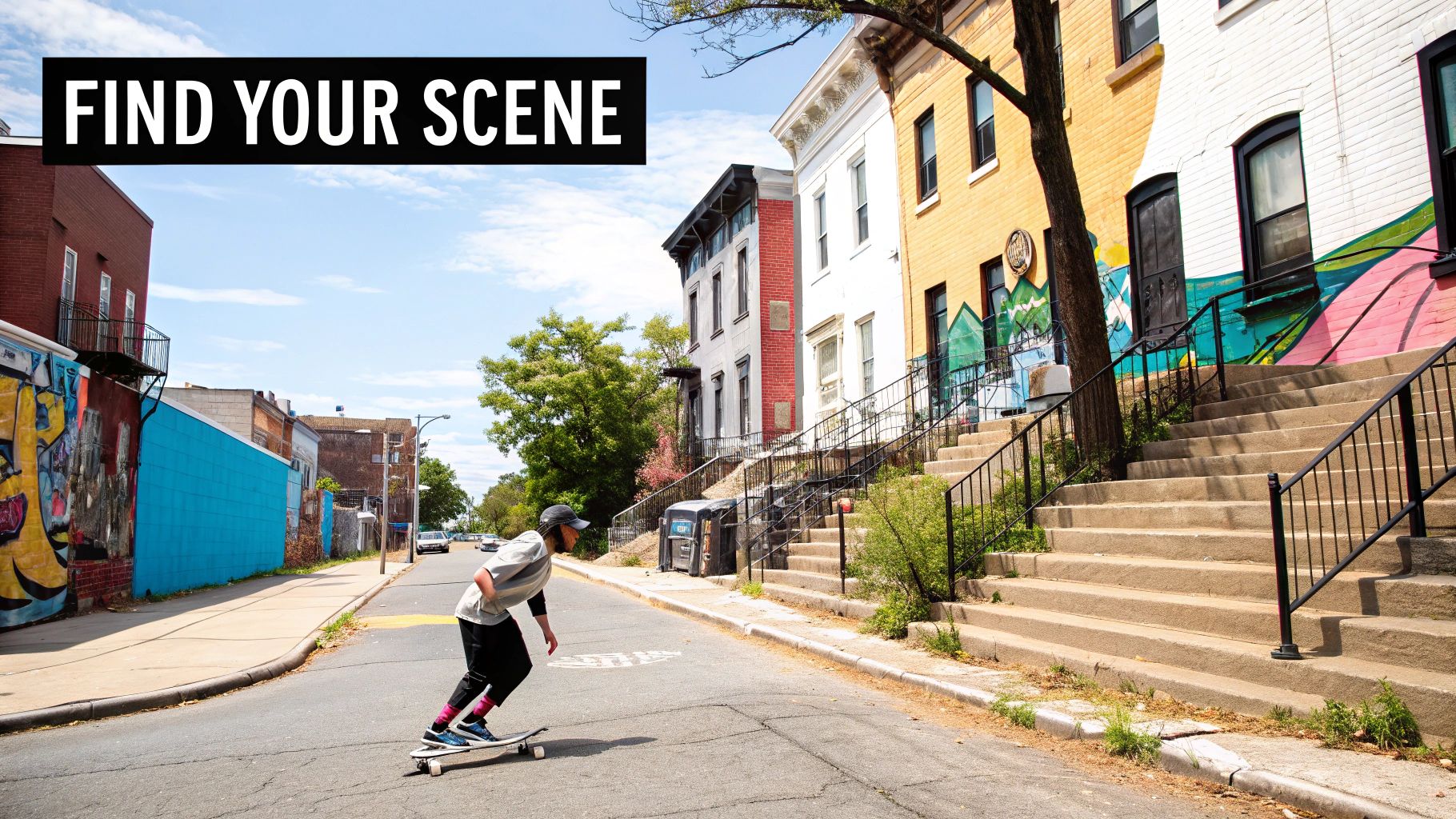 A person skateboarding on a vibrant city street featuring colorful murals and historic buildings.