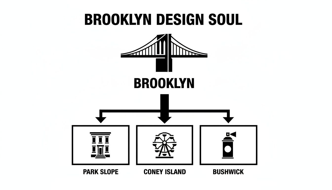 A diagram illustrating Brooklyn's design soul through the Brooklyn Bridge and neighborhood icons for Park Slope, Coney Island, and Bushwick.