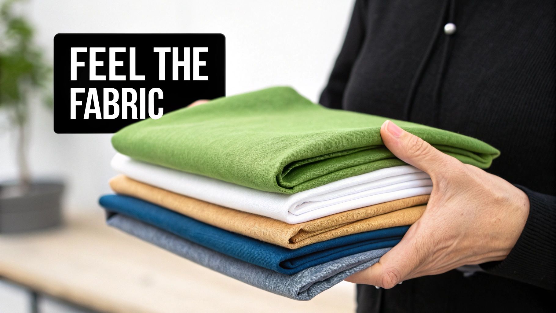 A person holds a stack of colorful, neatly folded fabrics, with 'FEEL THE FABRIC' text.