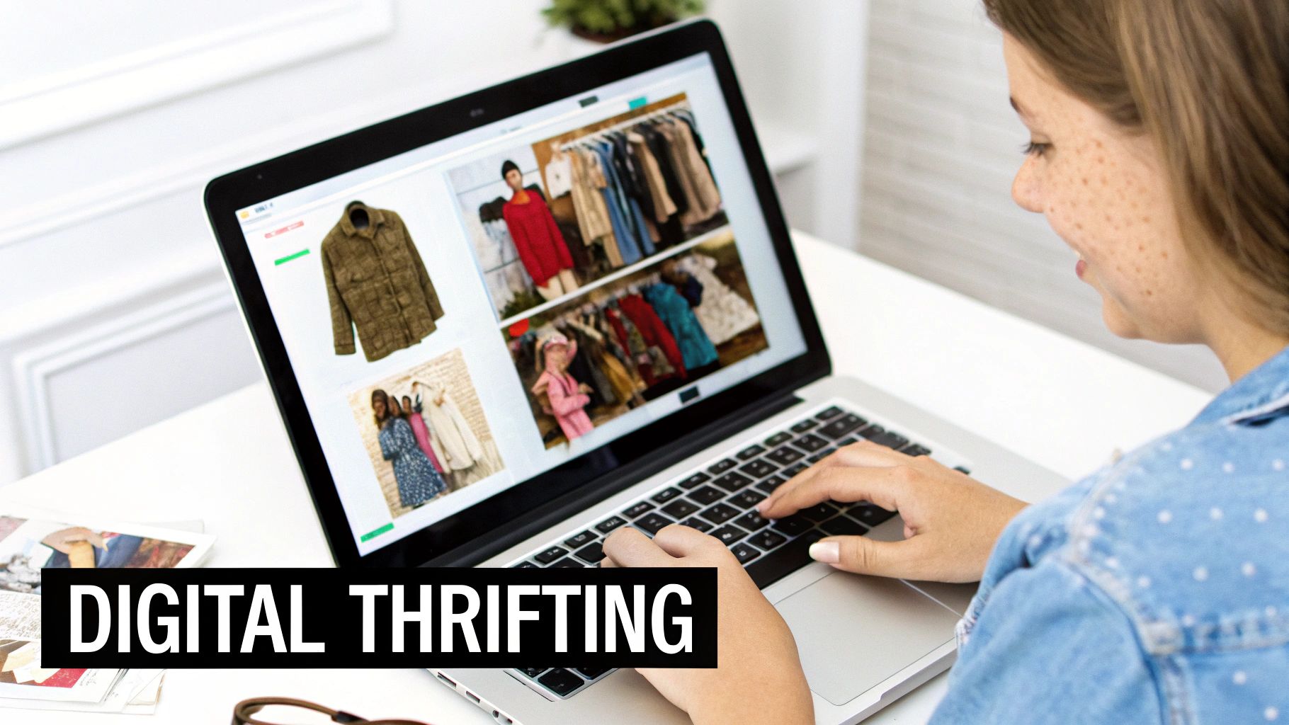 A person browsing for vintage clothes on their laptop, with various online marketplaces visible on the screen.