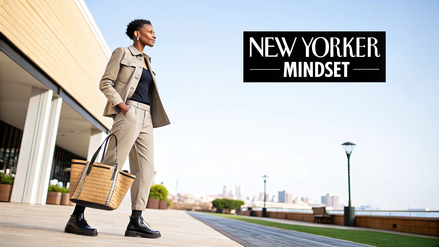 A stylish person walking down a Brooklyn street, embodying the New Yorker mindset.