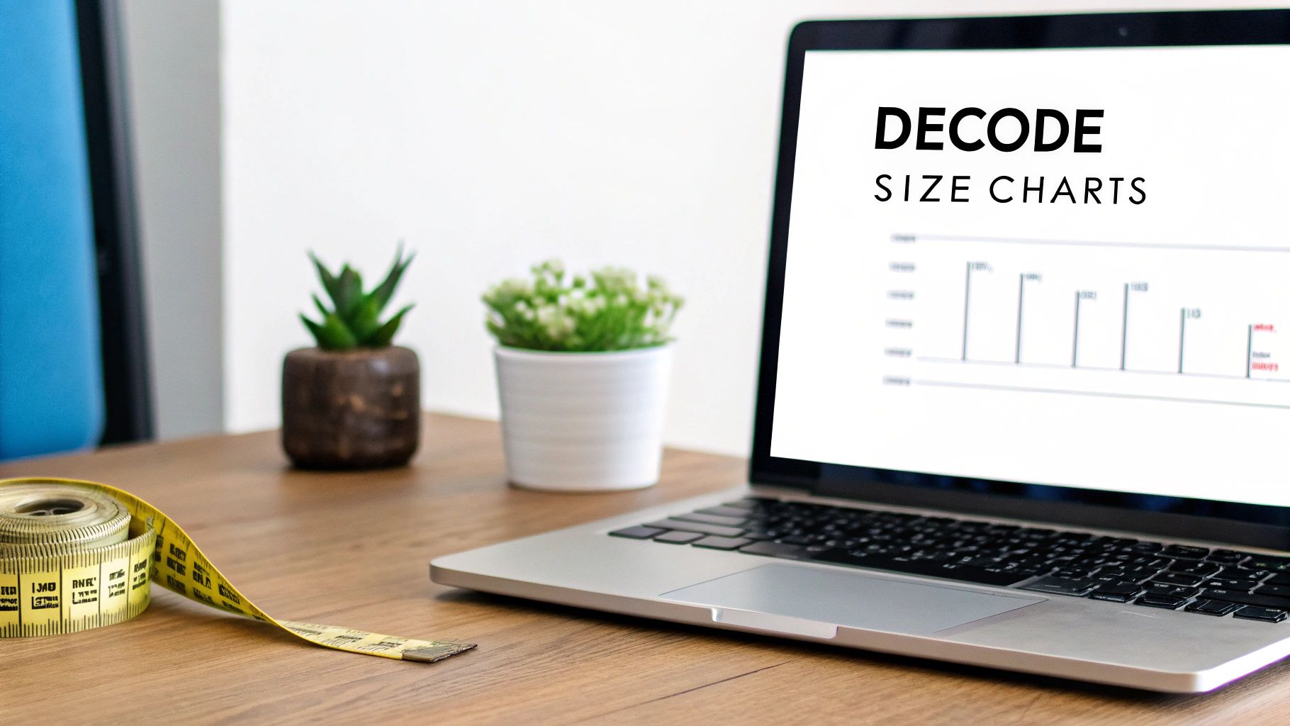 Laptop screen shows 'DECODE SIZE CHARTS' with a graph, alongside a measuring tape on a wooden desk.