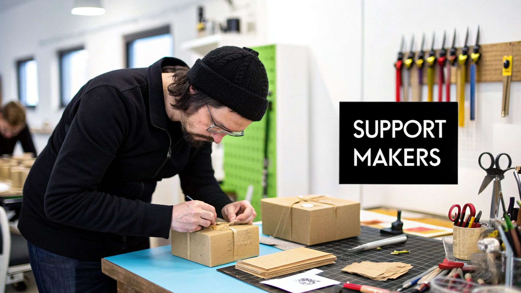 A man in a beanie and glasses signs a wrapped package in a craft workshop, with "SUPPORT MAKERS" sign.