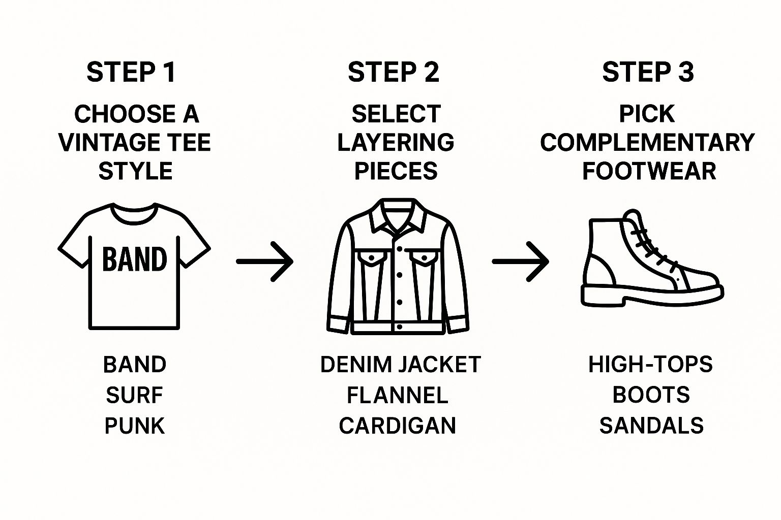 Infographic showing the process of styling vintage graphic tees for men, starting with choosing a tee, then layering, and finally picking footwear.