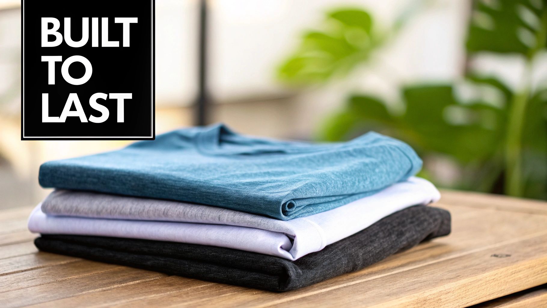 A stack of teal, grey, white, and black folded t-shirts on a wooden table, with 'BUILT TO LAST' text.