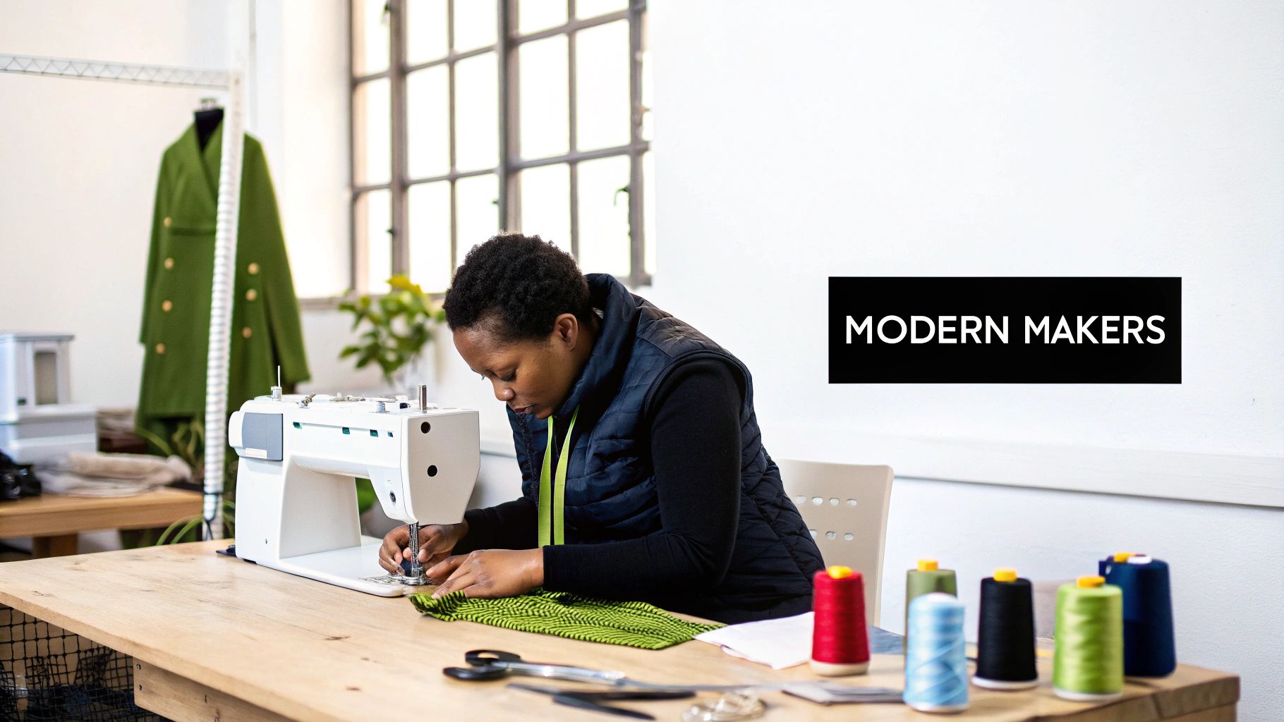 A woman intently sewing green fabric on a sewing machine, surrounded by colorful threads in a workshop.