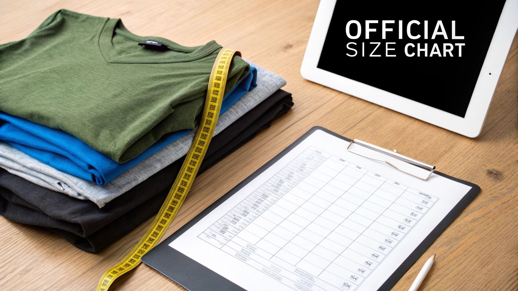 A stack of colorful t-shirts, measuring tape, a clipboard, and a tablet displaying 'Official Size Chart'.