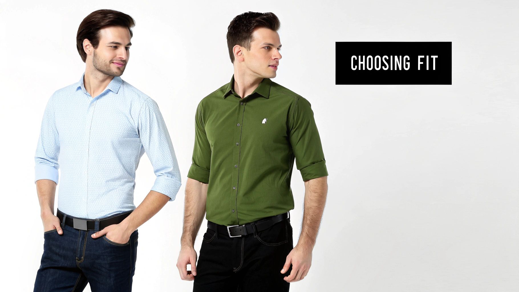 A man with a thoughtful expression considers different clothing options, reflecting the variety of fits available.