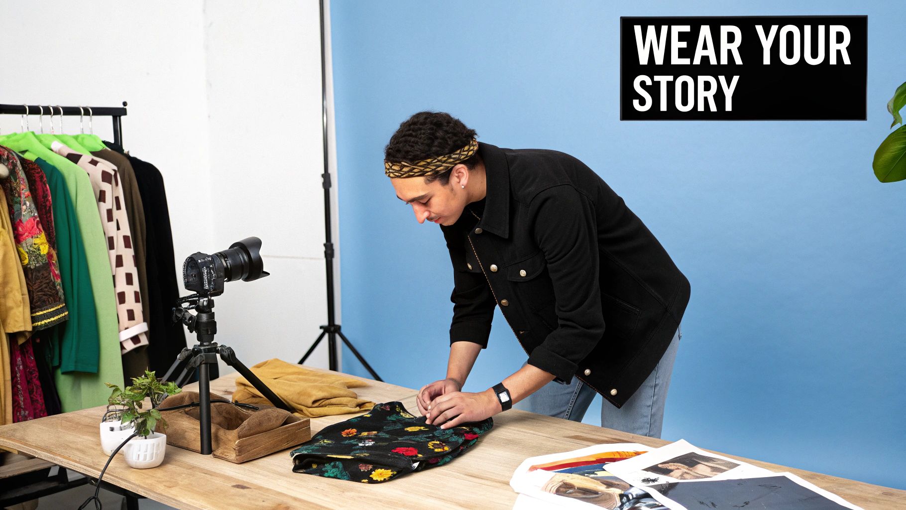 Fashion stylist folds a vibrant patterned shirt on a table in a clothing photography studio.