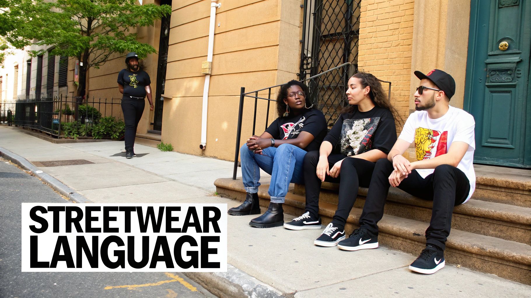 Four young adults in streetwear, including graphic tees and sneakers, on city steps with a person walking in the background.