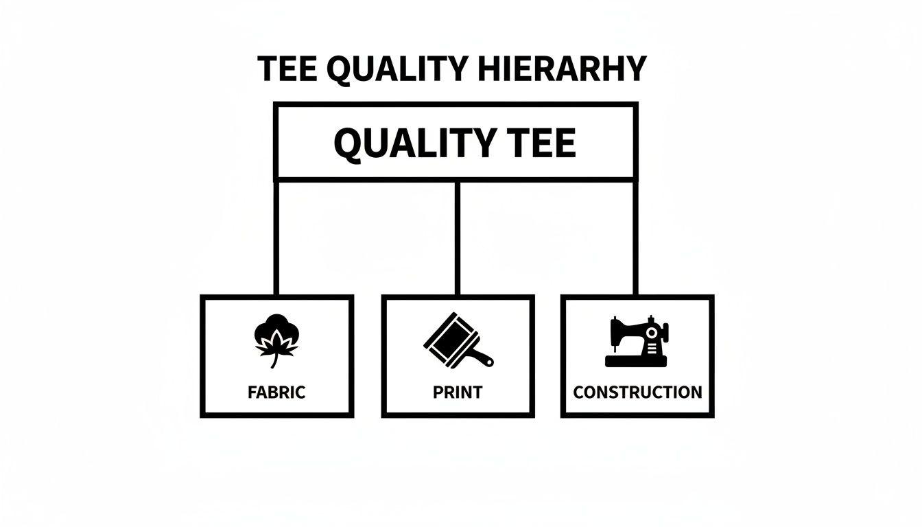 Hierarchy diagram explaining tee quality is composed of fabric, print, and construction elements.
