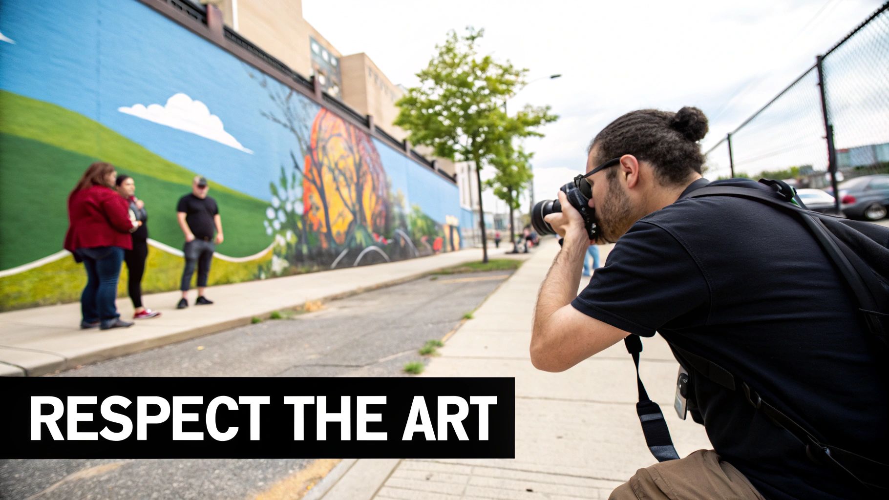 A photographer captures a vibrant street mural with people standing nearby on a city sidewalk.