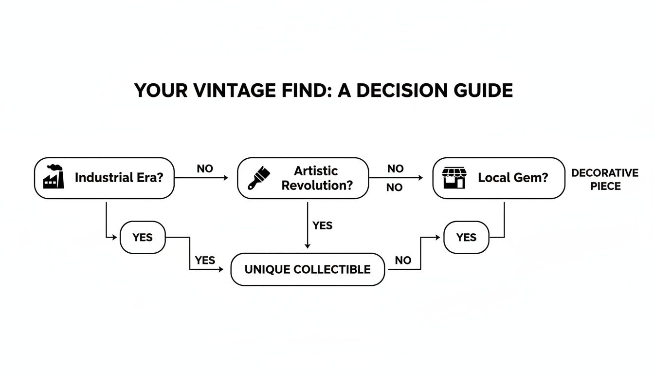 Flowchart decision guide for vintage finds, classifying them as unique collectibles or decorative pieces.