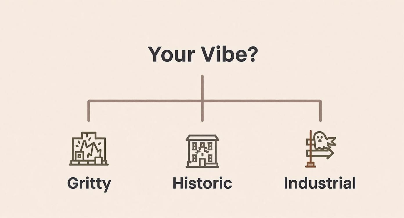 A diagram asking 'Your Vibe?' with three distinct options: Gritty, Historic, and Industrial, each with an icon.