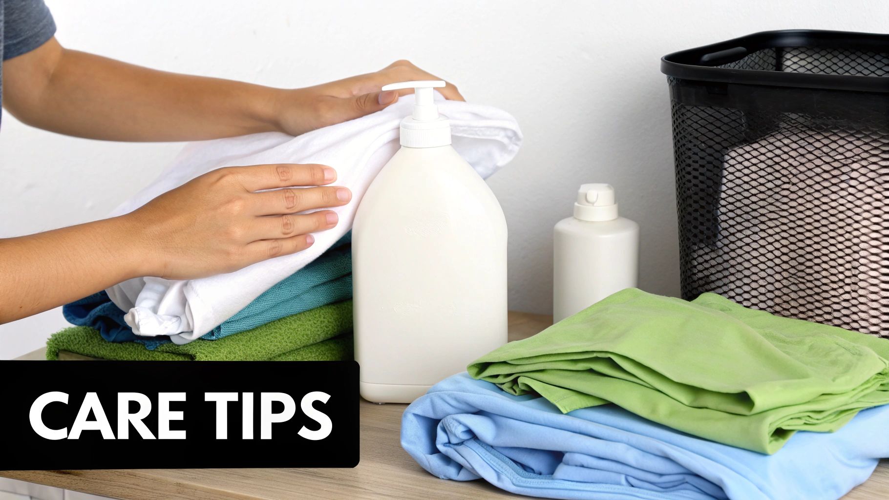 Hands folding white laundry with detergent bottles and colorful towels showing garment care tips