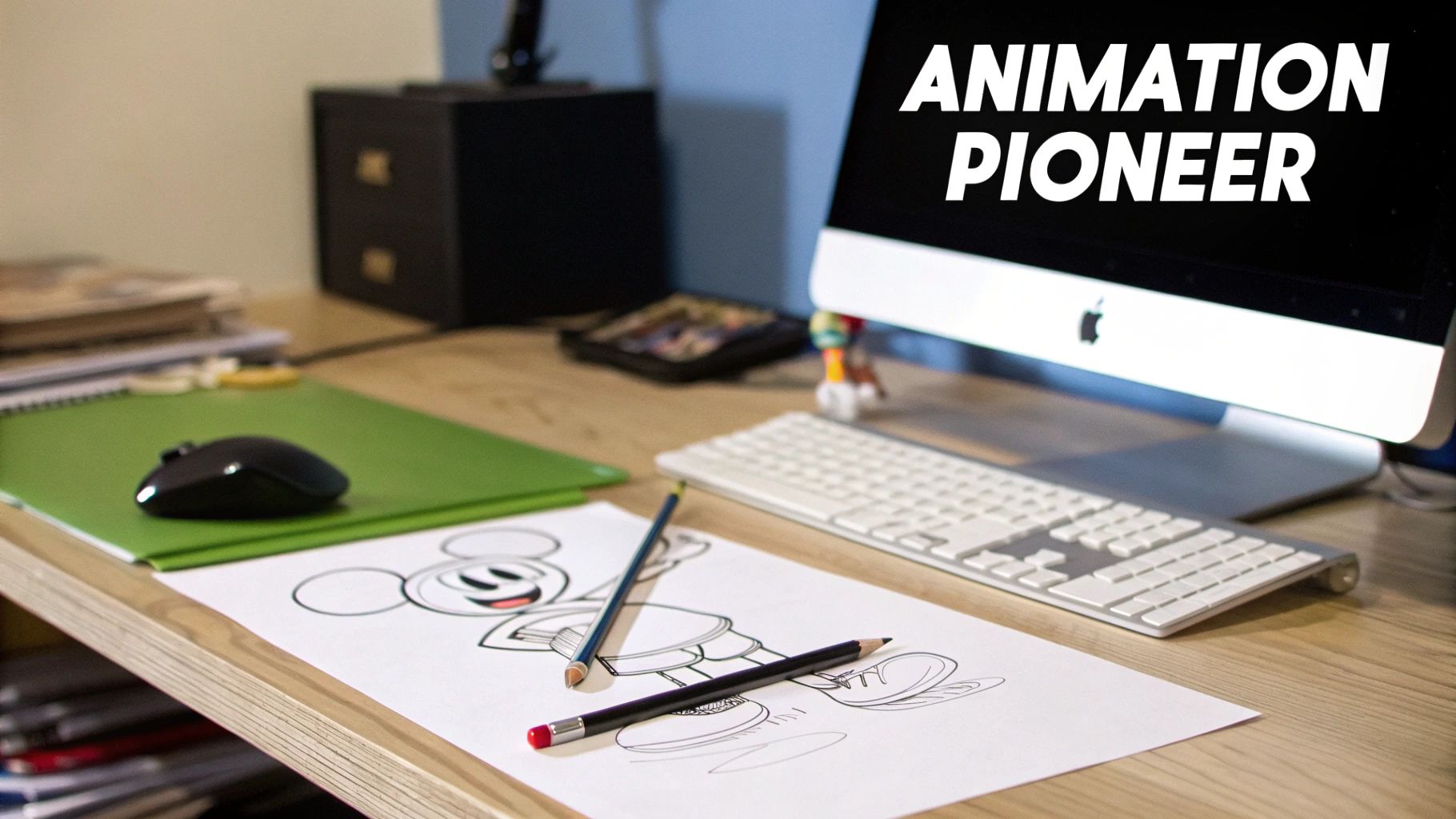 A creative desk setup with an iMac displaying 'ANIMATION PIONEER', a Mickey Mouse drawing, and art supplies.