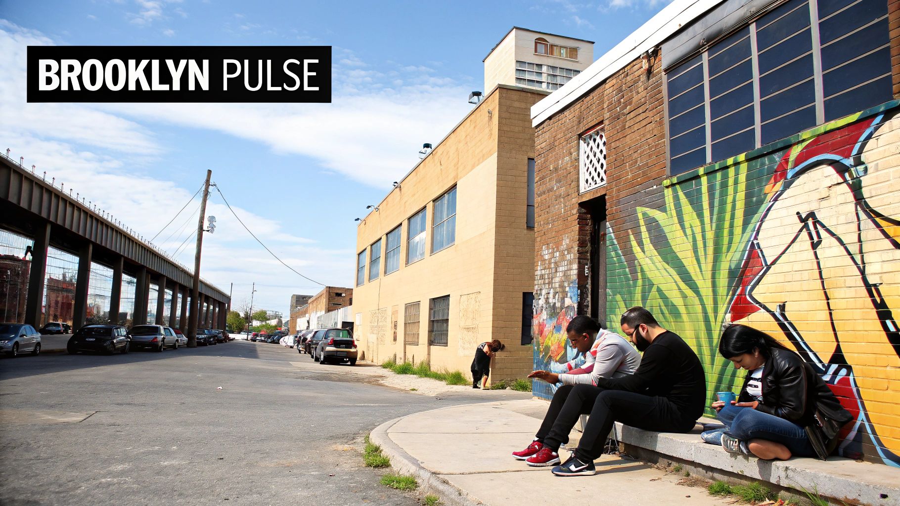 Urban street scene with people on a curb next to a graffiti-covered wall, "Brooklyn Pulse" logo.