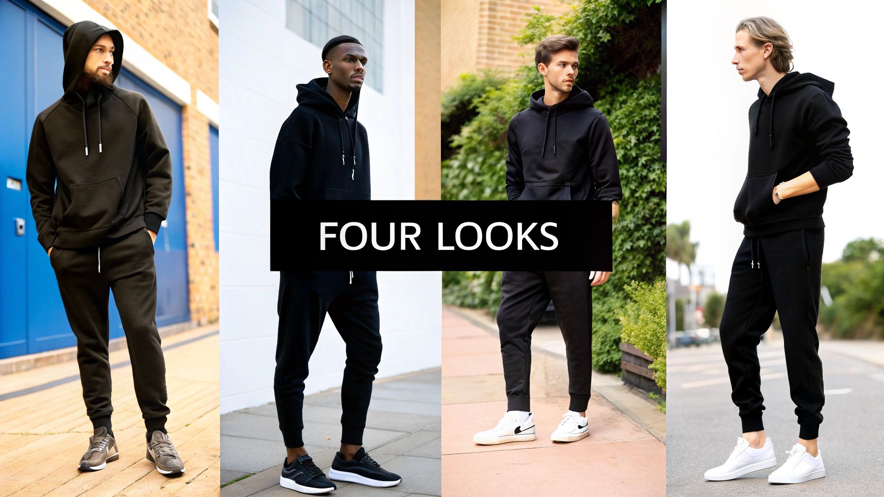 Four men showcase stylish black hoodie and jogger outfits with different sneakers in outdoor settings.