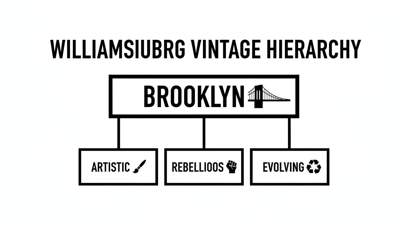 A black and white hierarchy diagram showing Williamsburg Vintage under Brooklyn with artistic, rebellious, and evolving subcategories.