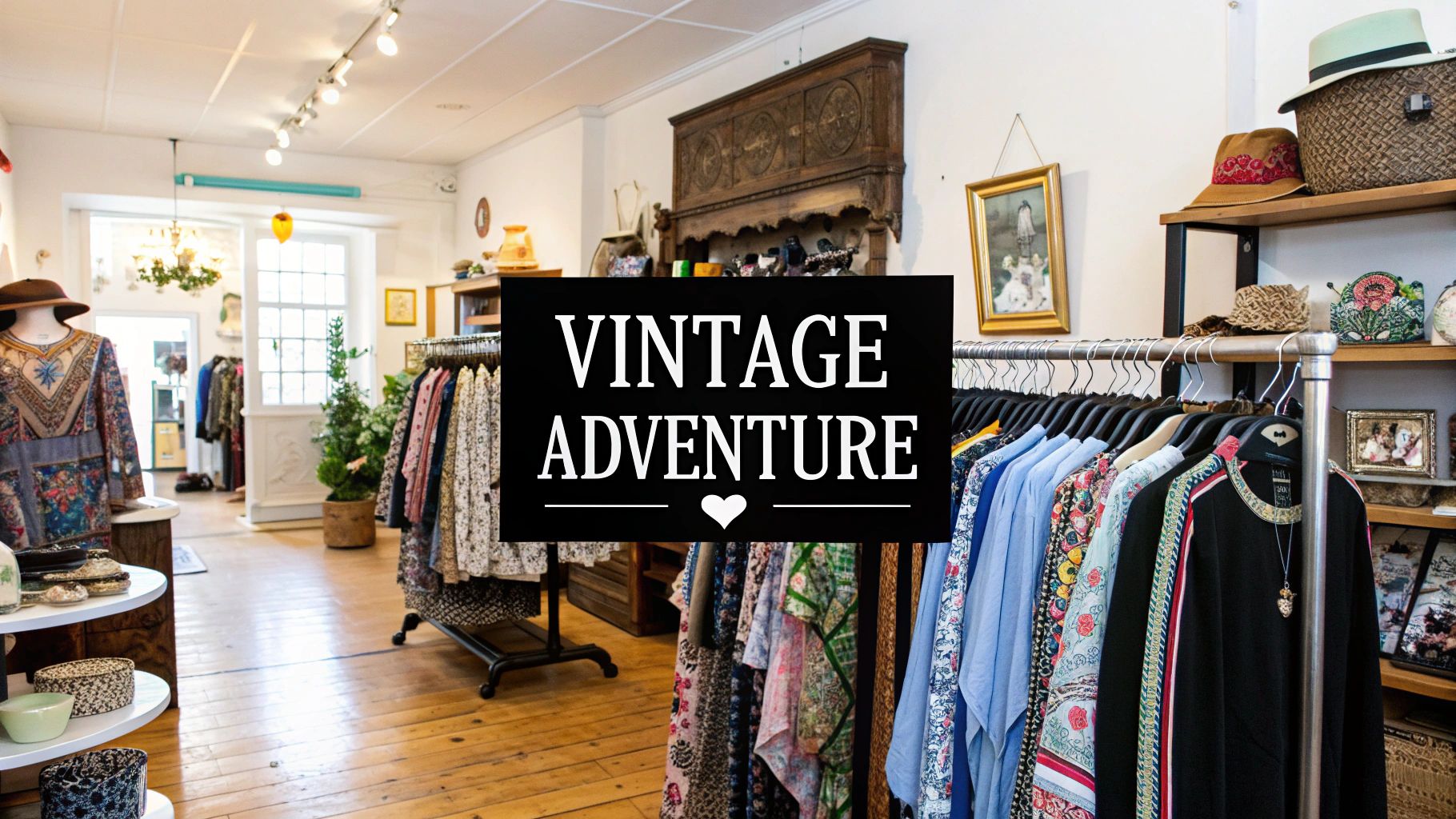 A rack of colorful vintage clothing hanging in a bright, stylish boutique.