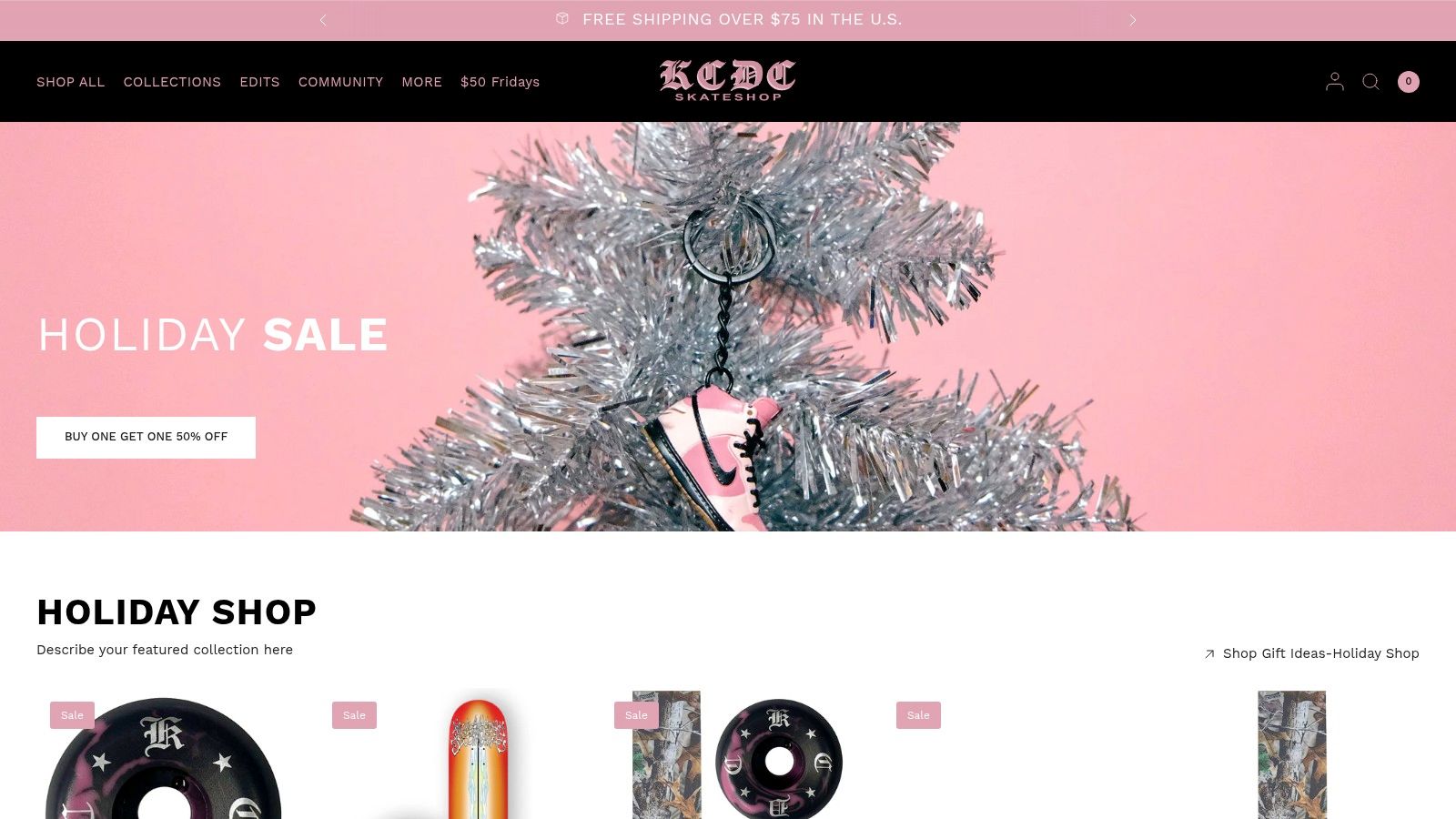 KCDC Skateshop online store showing various skateboard decks and apparel on sale.