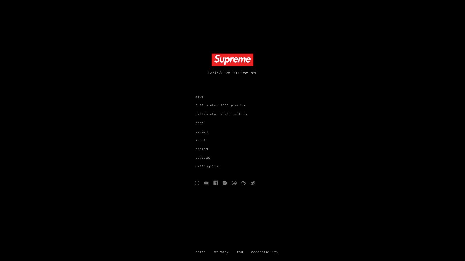 Supreme's website showing its iconic logo and links to its seasonal lookbook and online shop.